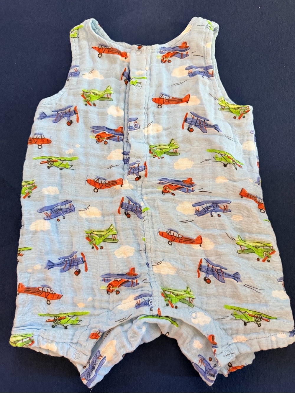 Angel Dear Light Blue Muslin Baby Romper with Red Nail Accent